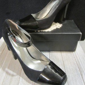 KENNETH COLE - Black Suede/Patent Leather Stack Heels with Ankle Straps - Sz 9.5